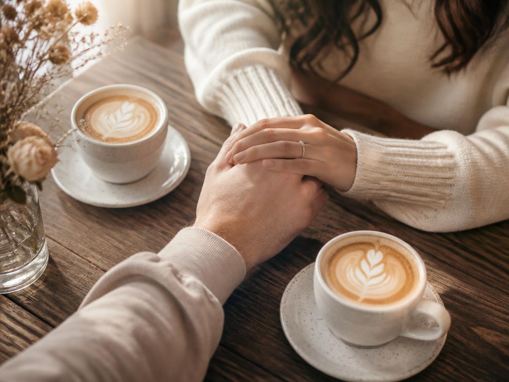 Two cups of coffee and intertwined hands