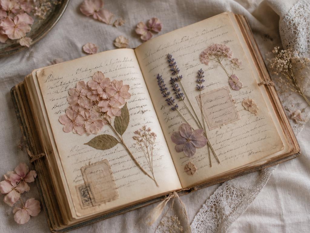 Open journal with pressed flowers